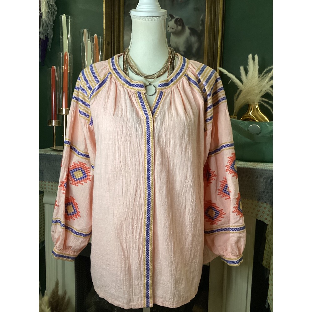 Velzera Peach Pink Cotton Gauze Embroidered Peasant Blouse Top Large L